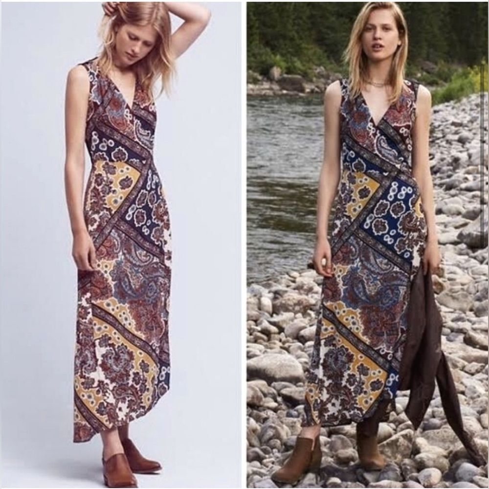ANTHRO Tiny Mountaire Bohemian-Chic Faux Wrap Paisley Maxi Dress $178. XS - Picture 3 of 5